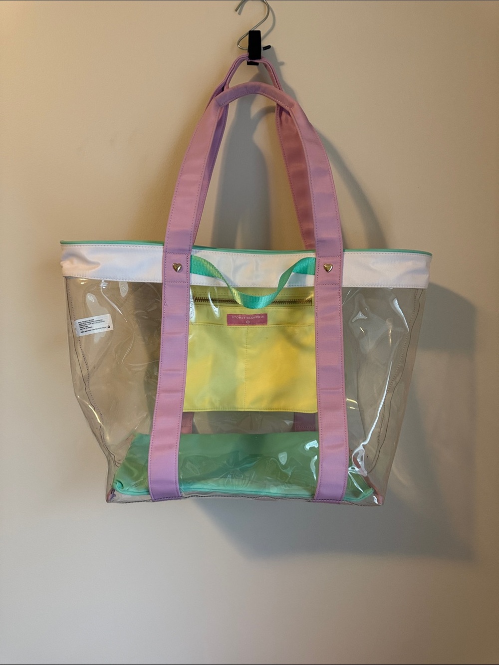 Stoney Clover Lane Clear Tote with Pink Straps, Yellow Pouch & Mint Accents
